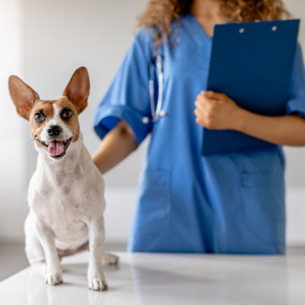 dog sitting on a table with vet standing behind it