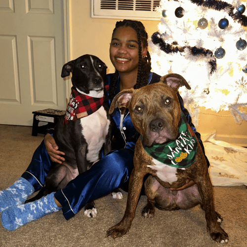 Keya with two big dogs beside her